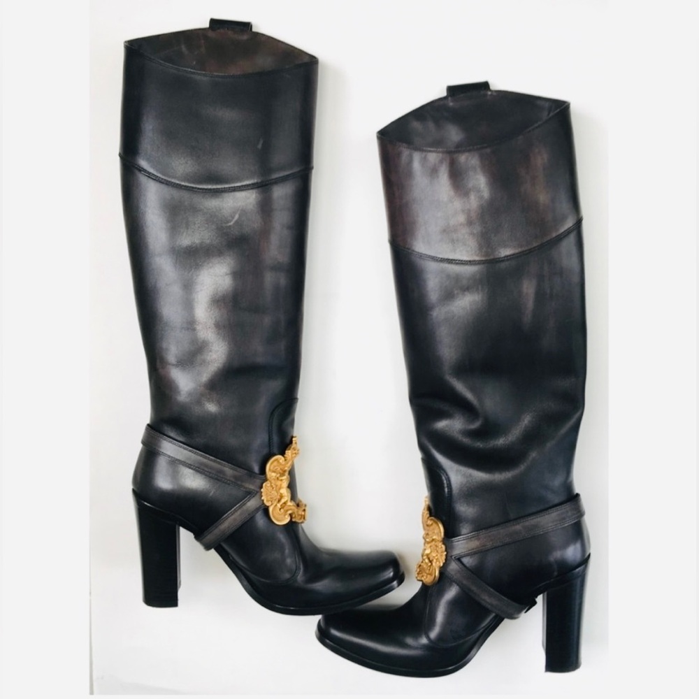 DOLCE & GABBANA VTG Black Leather Baroque Gold Pirate Riding Boots 36 6 Like New - Picture 3 of 16